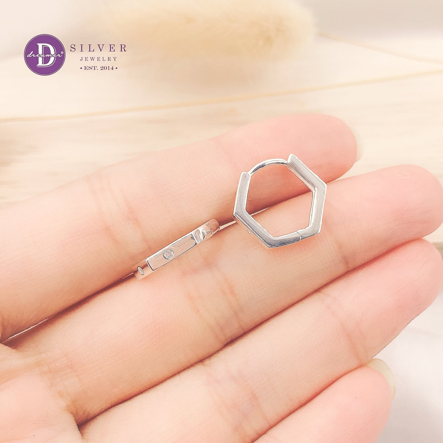 Bông Tai Khoen Lục Giác Đính Đá - Minimal Hexagon Hoops Silver Earrings