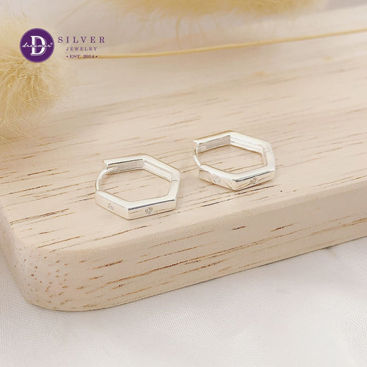 Bông Tai Khoen Lục Giác Đính Đá - Minimal Hexagon Hoops Silver Earrings