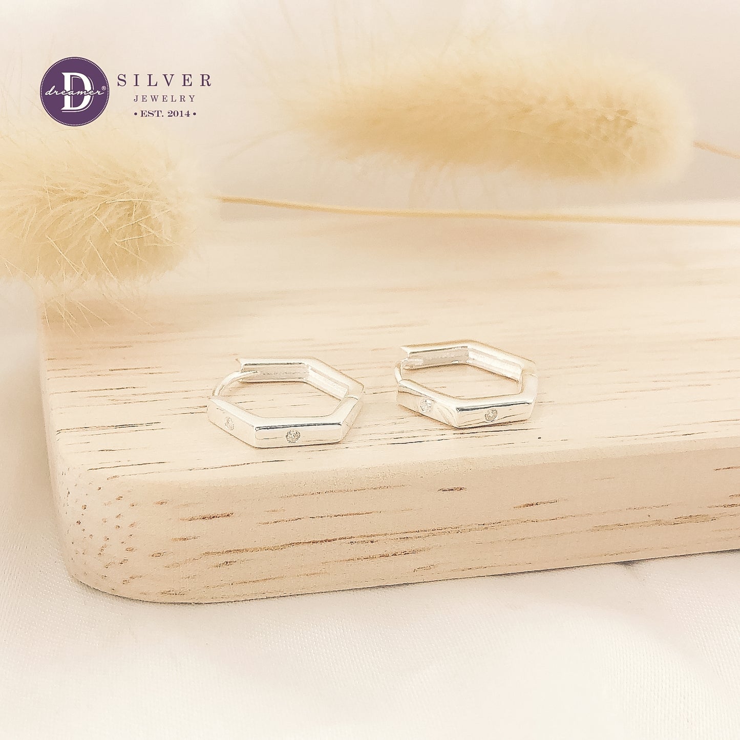 Bông Tai Khoen Lục Giác Đính Đá - Minimal Hexagon Hoops Silver Earrings