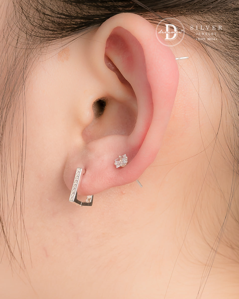 Bông Tai Khoen Vuông Đính Đá Cá Tính Bạc 925 - Sterling Silver Hoops 3163BTK